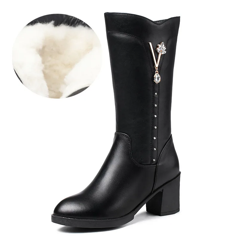 MORAZORA/ г., Новое поступление, женские ботильоны зимние ботинки из натуральной кожи теплая шерстяная женская обувь на высоком каблуке со стразами - Цвет: black wool