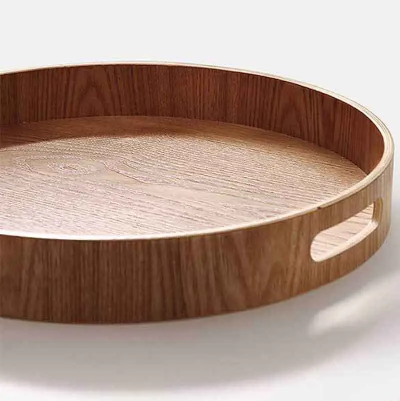 TOP!-Round Serving Bamboo Wooden Tray for Dinner Trays Tea Bar Breakfast Food Container Handle Storage Tray