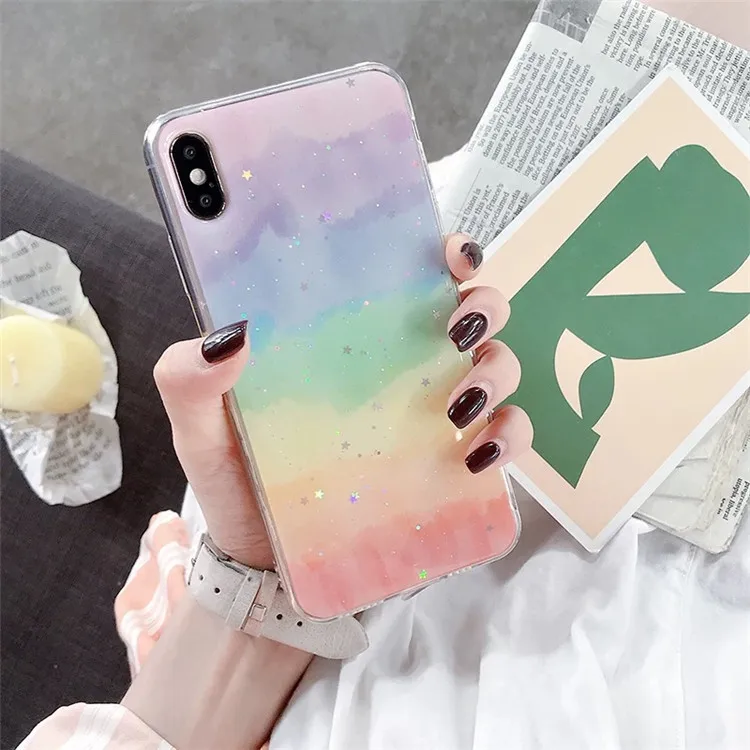 Japanese Retro Simple rainbow Gradient Glitter Phone case silicone cover for coque iPhone 7 7 Plus 6 8 6s Plus X XR xs max case