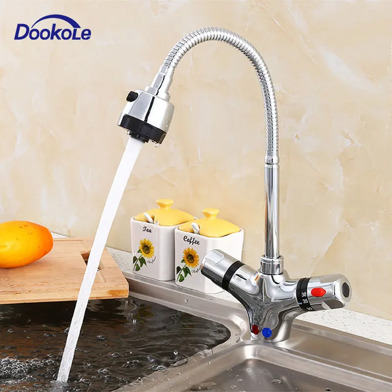  360 Degree Swivel Thermostatic Kitchen Faucet Adjustable Solid Brass Dual Handle Constant Temperatu - 4000125392741