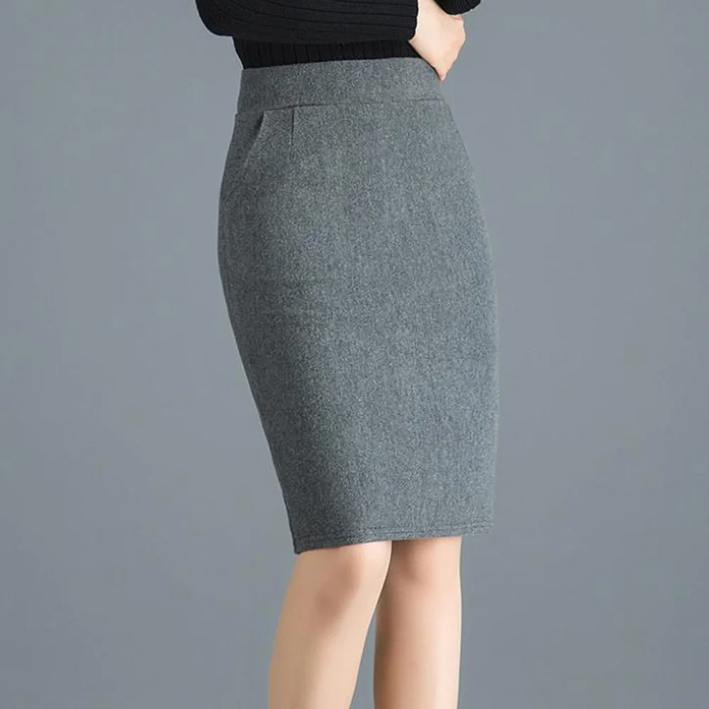 Grey Skirt Осенняя шерстяная юбка с высокой талией Женская Черная винтажная офис, женское облегающее платье-карандаш длиной до колена Юбки Женские Большие размеры шерстяная юбка 3XL - Цвет: Grey Skirt