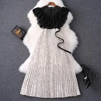 

Chiffon Summer Autumn Dress Women 2020 sweet lace short Sleeve Slim Elastic Bodycon Dress long Pleated Party Dresses