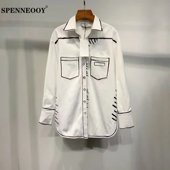 

SPENNEOOY Designer Custom Runway Autumn Women Fashion Streetwear White Shirt Ladies Striped Print Straight Blouse Tops 2020