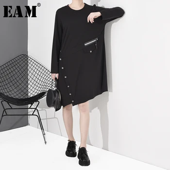 

[EAM] Women Button Zipper Irregular Split Dress New Round Neck Long Sleeve Loose Fit Fashion Tide Spring Autumn 2020 1S706