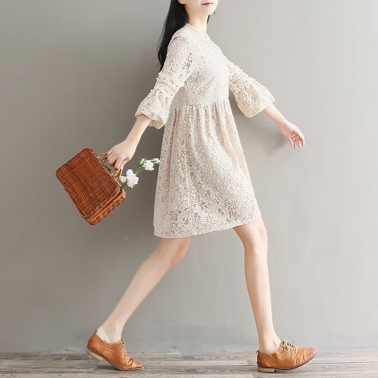 Mori girl robe Femme весеннее элегантное винтажное платье с круглым вырезом, бисером и рукавами-фонариками, кружевное мини-платье с высокой талией в стиле пэчворк AF826