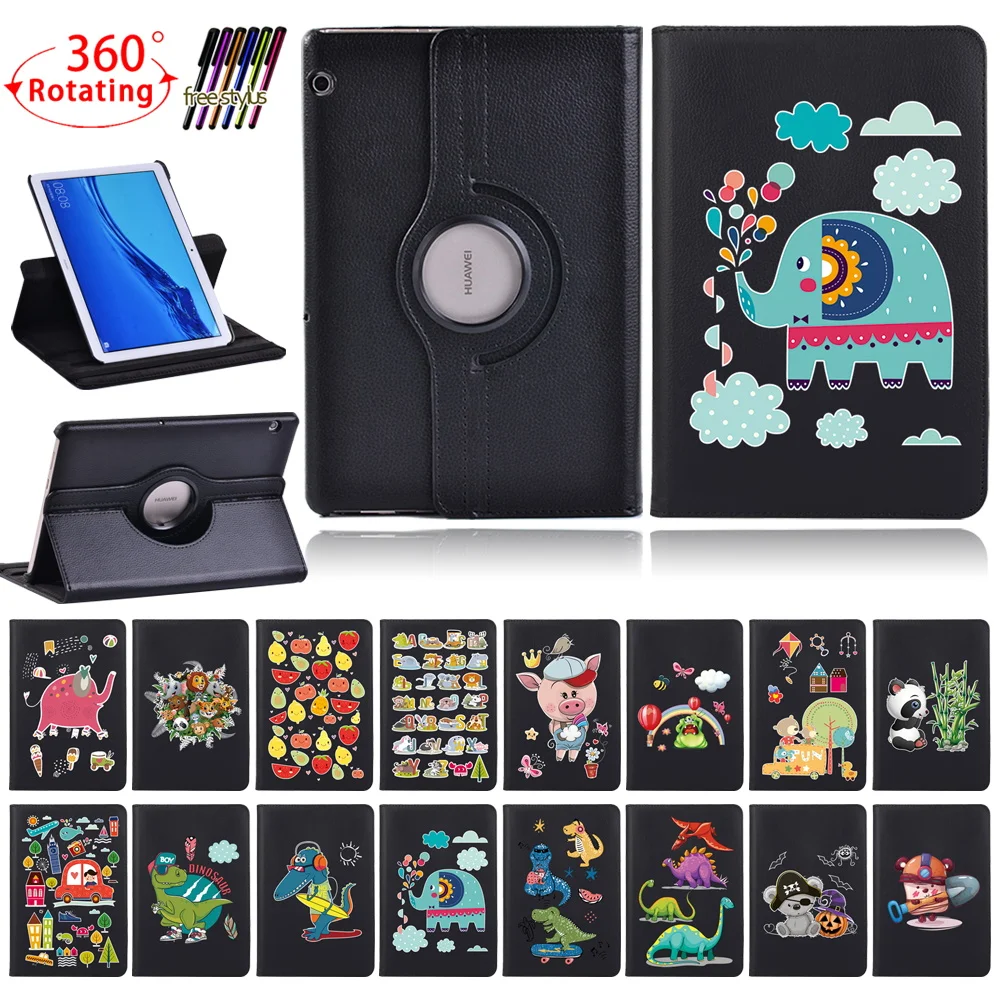 Girando Case Suporte para Huawei Mediapad t3 10 9.6 Mediapad t5 10 10.1 dos Desenhos Animados Plutônio Couro Tablet Capa Protetora Mais Stylus