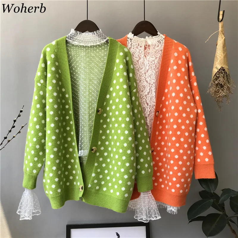 Woherb/осень-зима, длинный вязаный кардиган в горошек с принтом, корейский милый свитер, пальто, высококачественный вязаный джемпер
