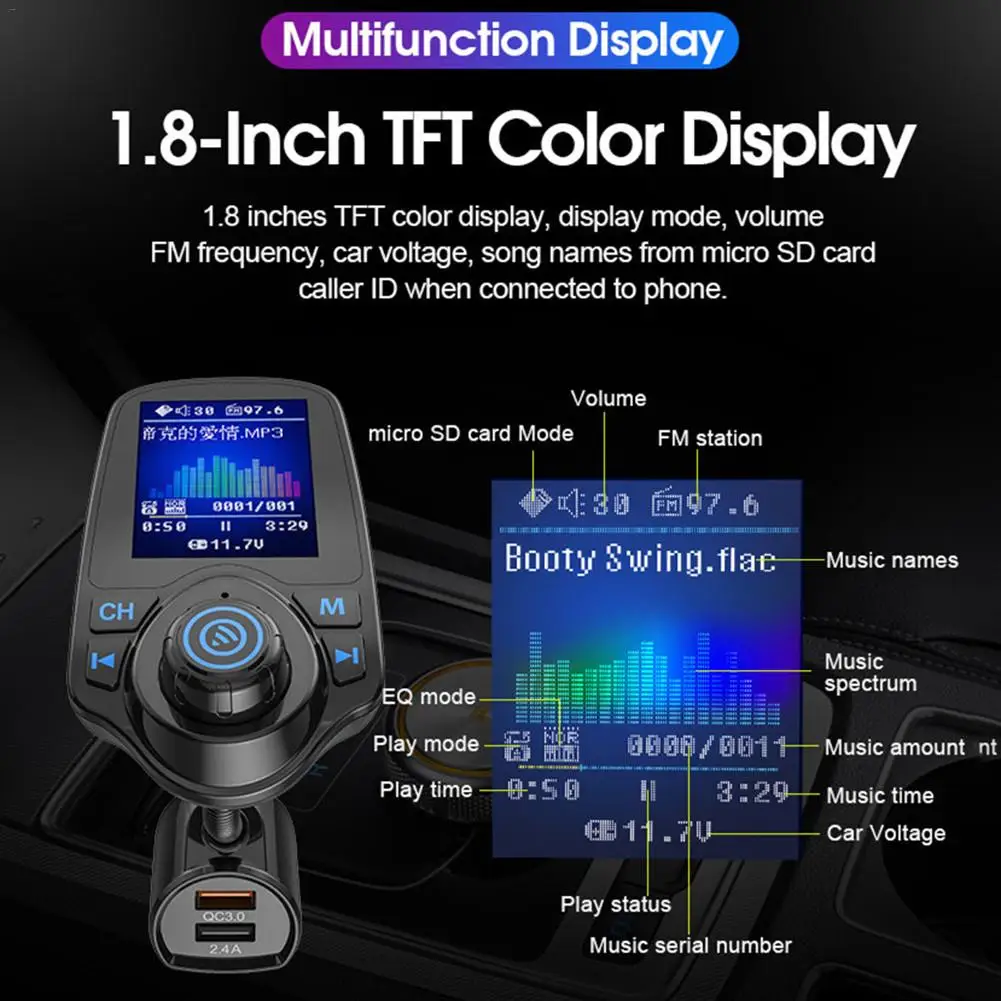 T10D Bluetooth FM передатчик, Автомобильный плеер комплект карты автомобиля Зарядное устройство быстрой с QC3.0 Dual USB вольтметр AUX IN вход/выход DC 12 V/24 V
