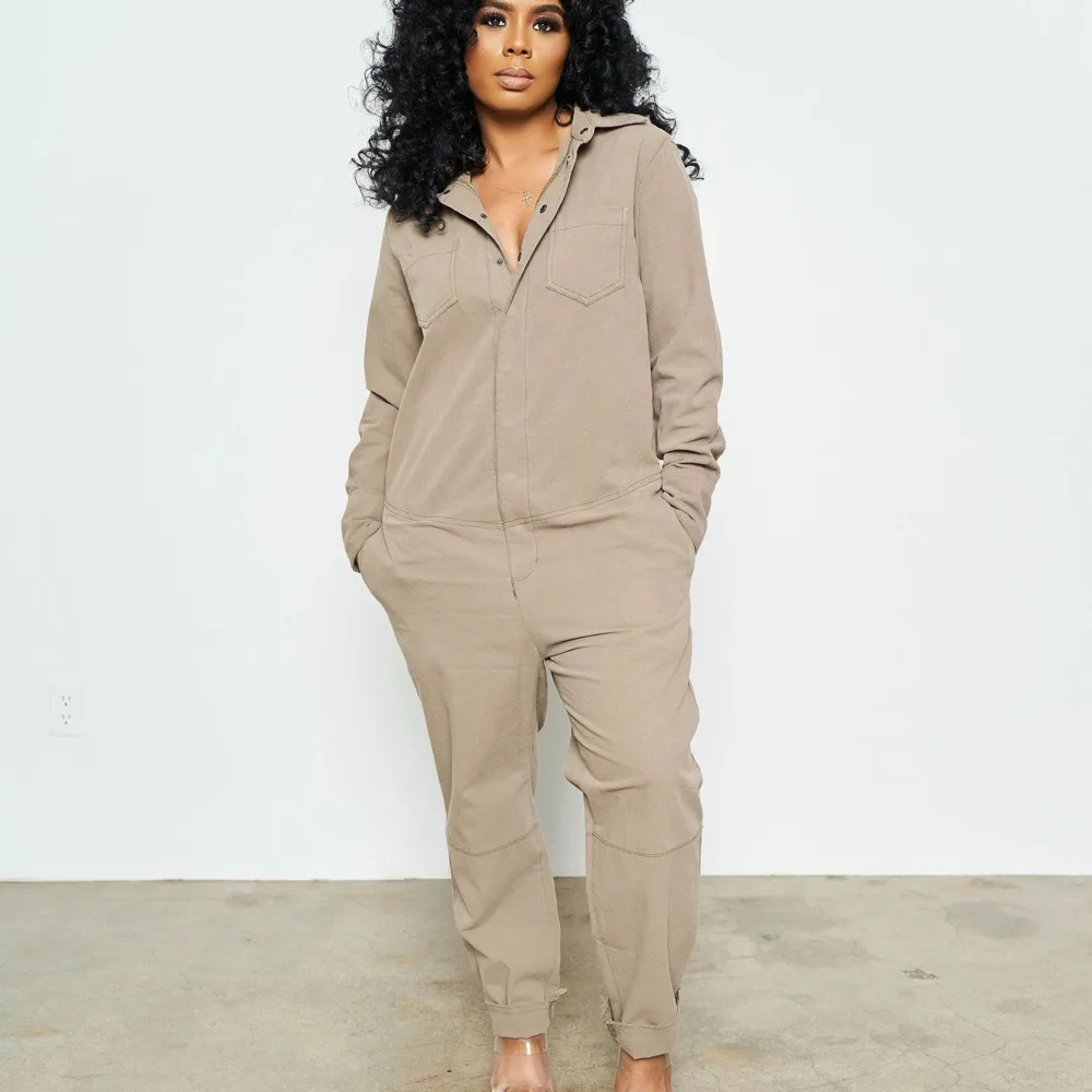 Cargo Pants Jumpsuit Loose Button V-neck Long Sleeve Women Overalls Romper Summer Elegant Combinaison Femme Vintage Jumpsuits C