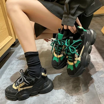 

Women's Chunky Sneaker 2020 Winter PU Leather Casual Shoes Woman Black Sneakers High Heels Ladies Chunky Shoes Woman Sneaker