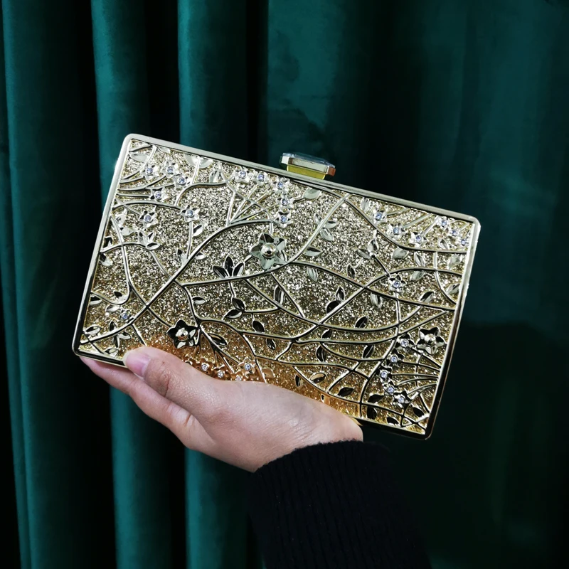 

Golden Metal Diamonds Wedding Evening Bags Hollow Out Style Party Handbags With Shoulder Chain Flap Design Holder Purse