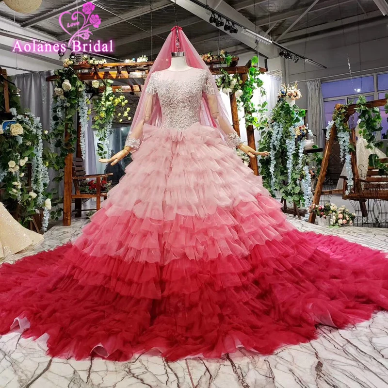 

Amazing Ball Prom Dresses 2019 Long Sleeves Mix Color Crystals Gradient Tiered Formal Evening Party Gowns For Women Prom Gowns