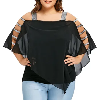 

Sexy Women Blouse Fashion Plus Size 5XL Ladder Cut Overlay Asymmetric Strapless Tops Large size strapless irregular top