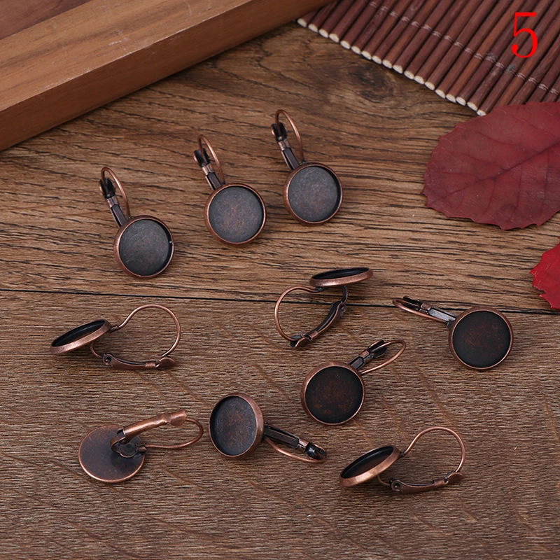 10pcs 12mm Earring Hooks Round Silver Plated Cabochon Cameo Tray Settings Earring Blank Base Supplies For Jewelry 7 Colors