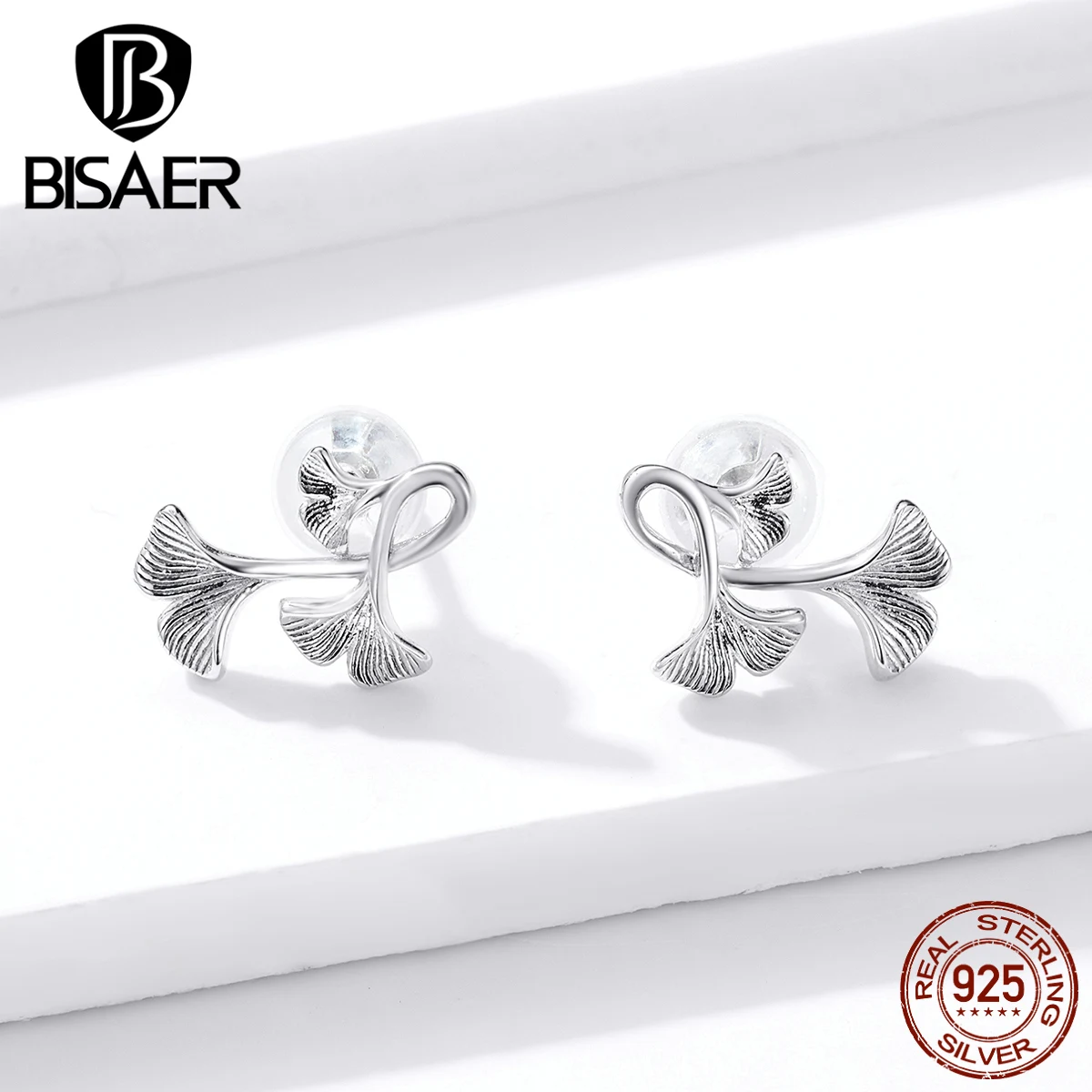 Серьги в виде листьев BISAER, настоящее 925 пробы, Серебряные Листья гинкго, изысканные женские серьги-гвоздики, свадебные ювелирные изделия EFE328