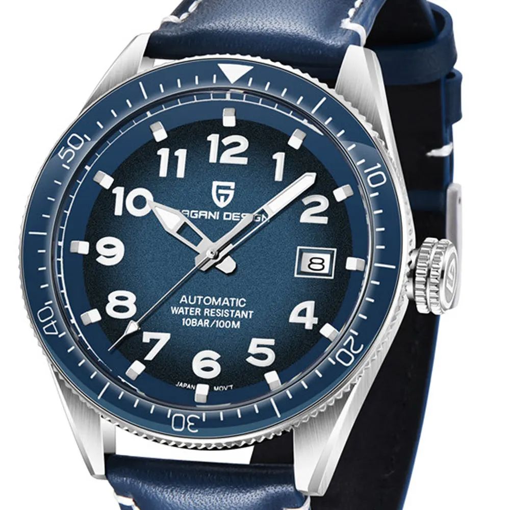 44 мм Pagani Дизайн синий циферблат светящийся указатель мужские часы водонепроницаемые кожаные роскошные спортивные мужские автоматические механические часы