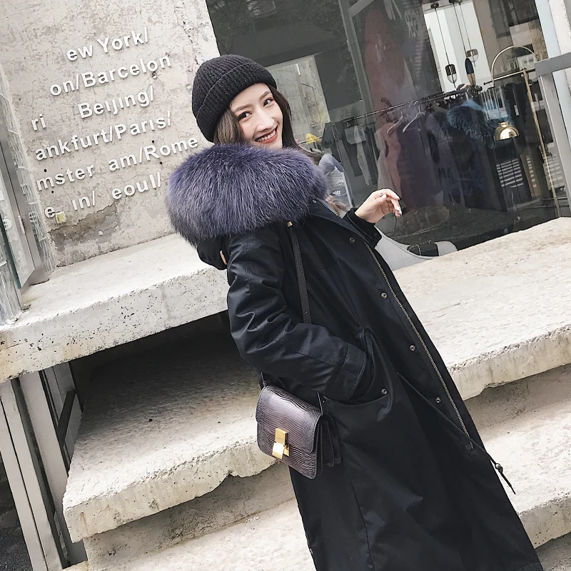 Lavender Mid Tcyeek Роскошный натуральный мех пальто женский натуральный мех кролика рекс парка на меху Mujer зимняя куртка Женский Большой Лисий меховой воротник TM108 - Цвет: Lavender Mid