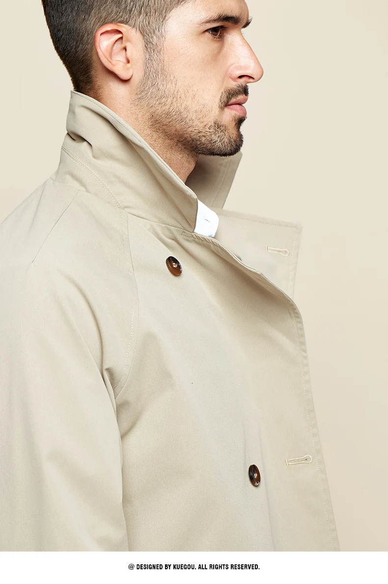 KUEGOU, Осенний Тренч цвета хаки, мужская длинная куртка, ветровка, уличная одежда, мужское пальто в британском стиле, тренчкот 9613