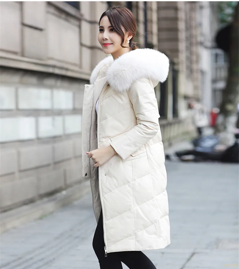 Кожаный женский пуховик 2020 теплое зимнее пальто воротник из искусственного