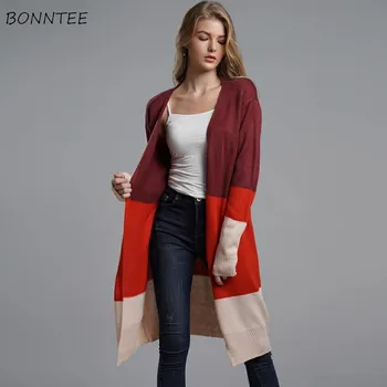 

Sweaters Women Simple Trendy Knitted Long Striped Cardigan Students Long Sleeve Chic Womens Warm European Style Elegant Sweater