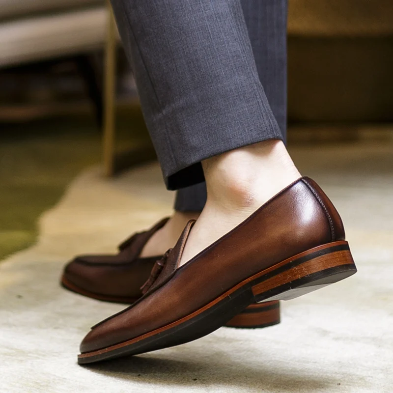 Luxury Round Toe Slip on Man Heels Comfortable Shoes Genuine Leather Ostrich Pattern Loafers Handmade Men's Tassels Flats NHS115