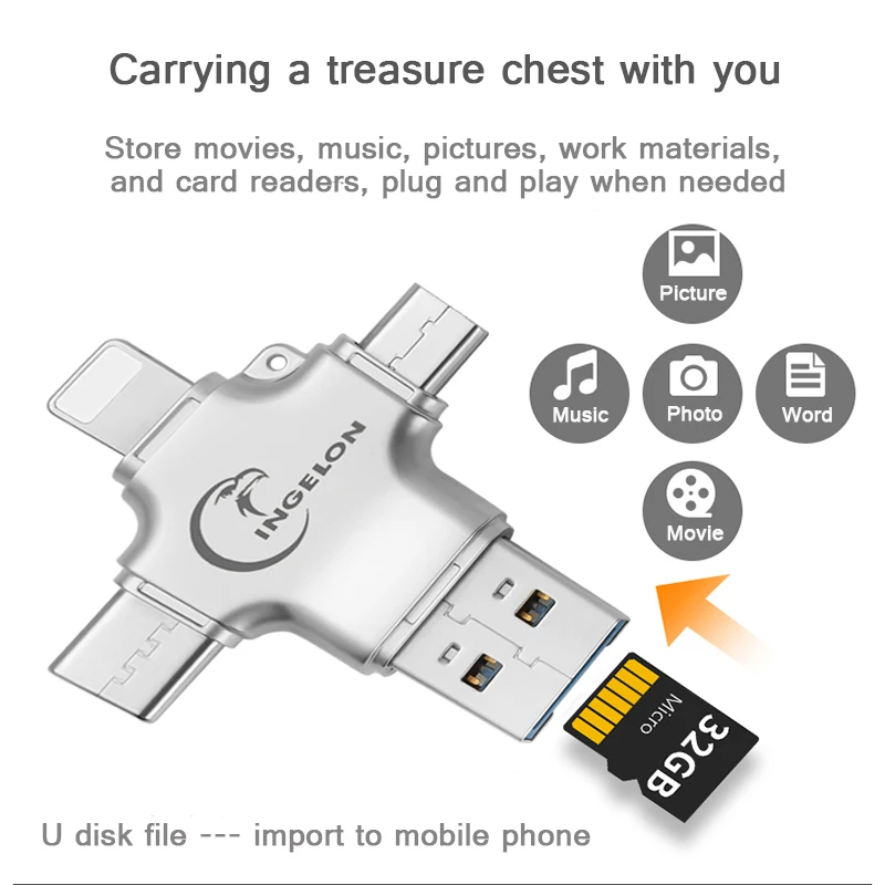 Ingelon Металл 4 в 1 SD кард-ридер microsd память OTG карта адаптер для iphone ios tipo c микро Android телефон USB3.0 TF ридер