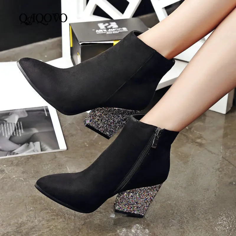 

Flock Ankle Boots Women Fashion Sequined Square High Heels Booties Pointed Toe Zipper Boots Autumn Winter Ladies Shoes