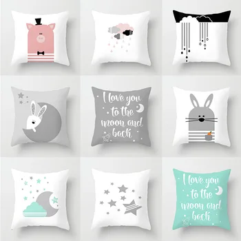 

Cartoon Pink Pig Single Side Printed Black and White Pillowcase Letter Gray Rabbit Polyester Home Sofa Covers for Cushions Cover