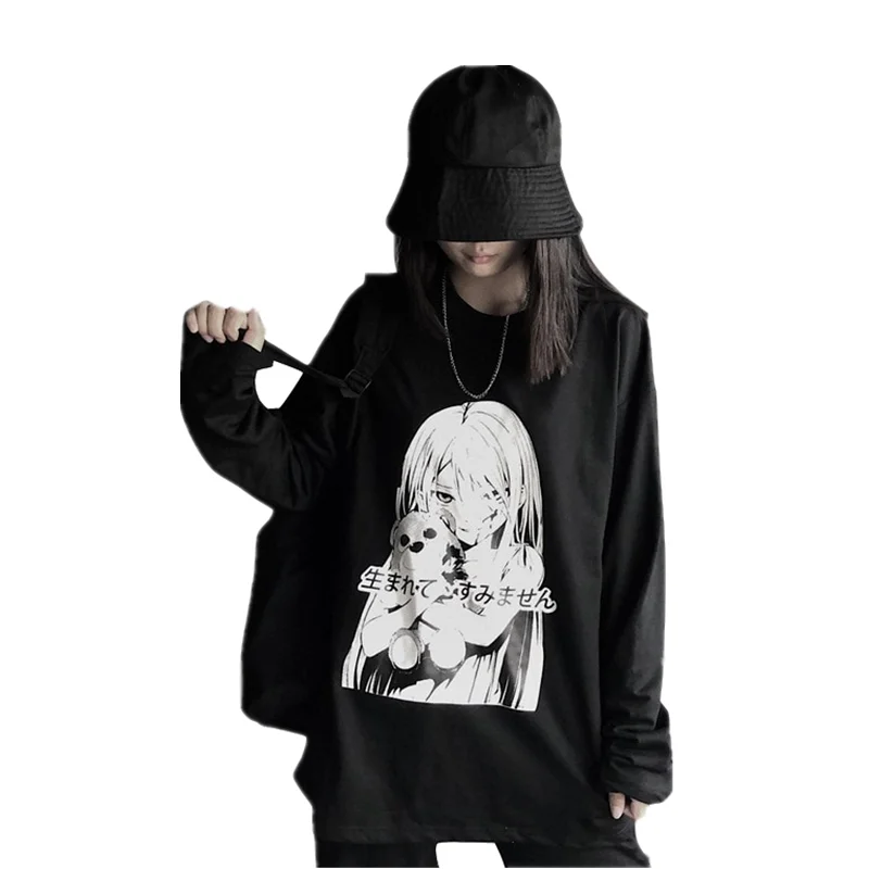 Black T shirt Корейский Ulzzang женские Топы Harajuku уличная одежда с длинным рукавом Графические футболки для девочек Kpop женская Япония каваи комический принт Черная футболка - Цвет: Black T shirt