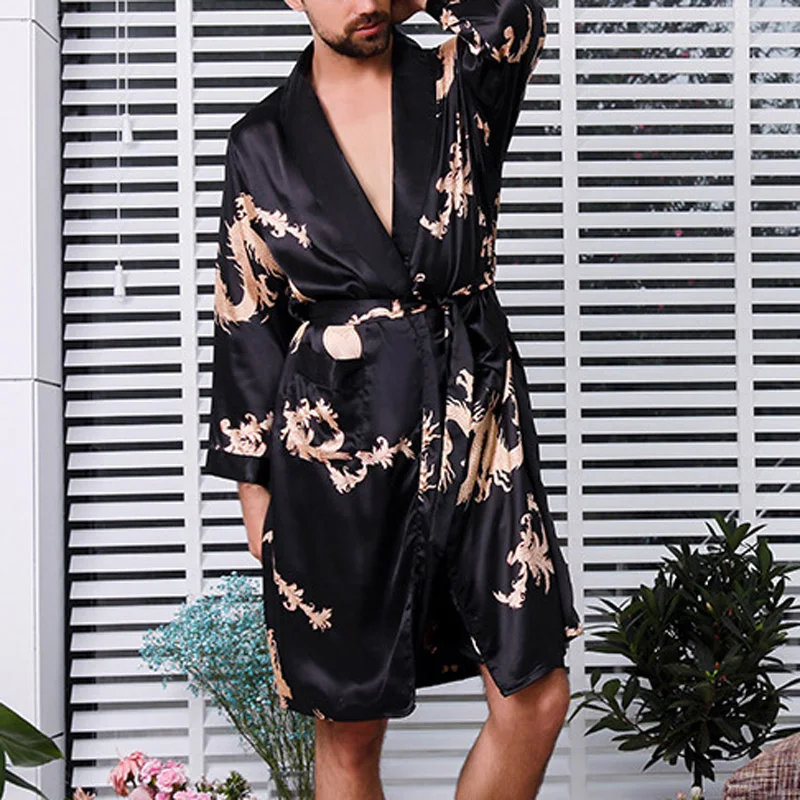 Men's Imitated Silk soft comfortable Night Gown Fashion Printed Long Sleeve Home Bathrobe Night Gown Sleepwear Plus Size