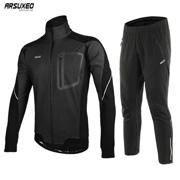 

ARSUXEO Men Winter Cycling Jacket Set Windproof Waterproof Thermal Sportswear Bicycle Pants Trousers Bike Suits Clothing