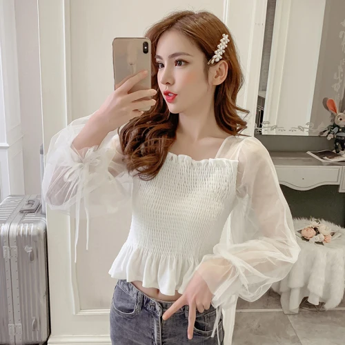 white Женская сетчатая кружевная милая блузка, сексуальные топы с пышными рукавами и блузки, розовая черная винтажная бархатная рубашка с оборками, корейский женский топ - Цвет: white