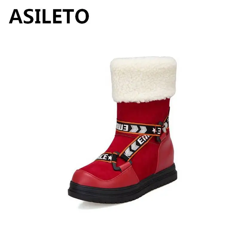 

ASILETO Women Snow Winter Boots Mid-Calf Flock Letters Patchwork Plush Platform Letter Round Toe Pull On Casual Big size 34-43