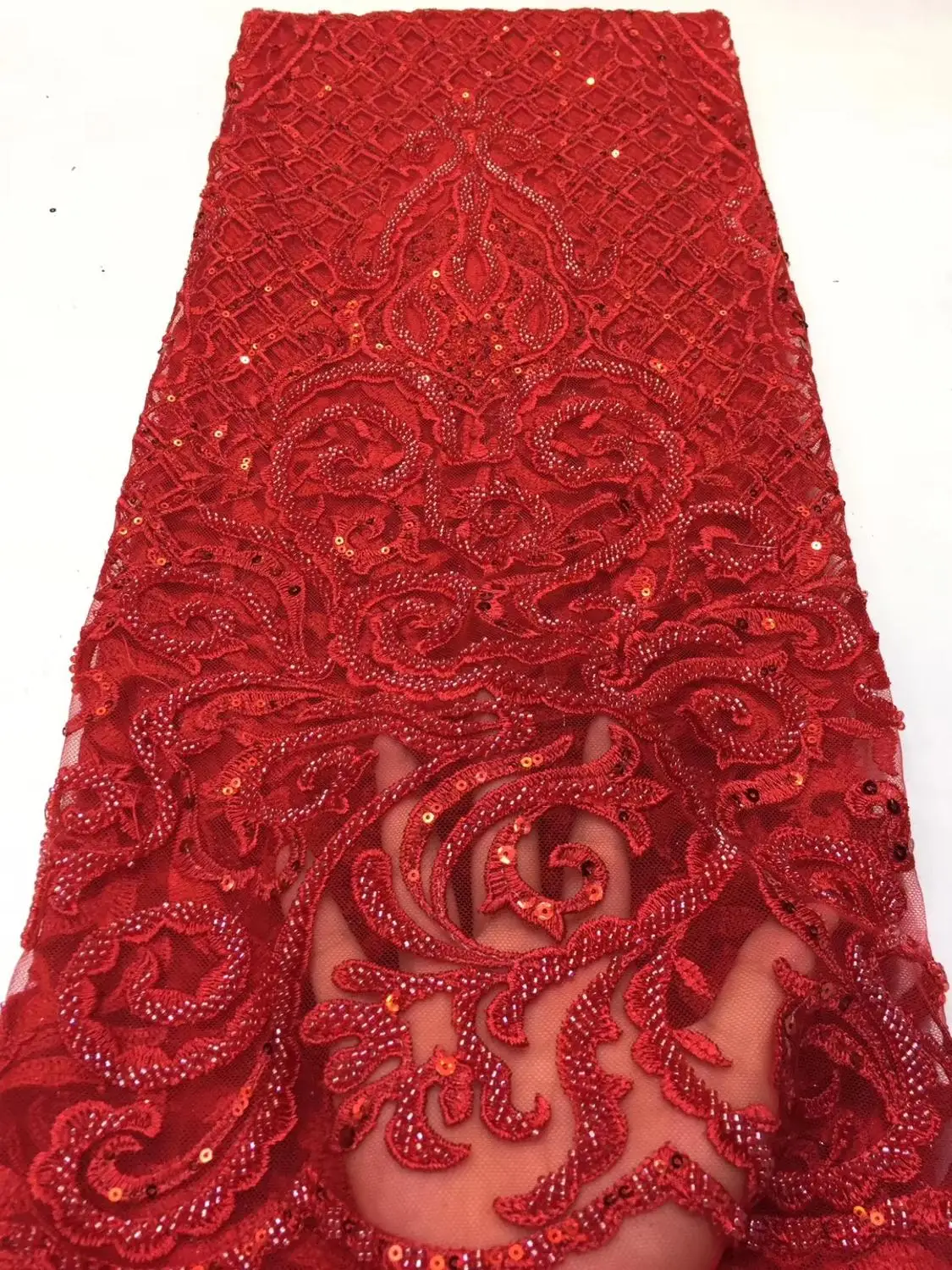 Французская Кружевная Ткань 5yds/pce, красная бусина, блестки, вышивка, ажурная ткань, женские роскошные эксклюзивные вечерние яркие платья, новинка - Цвет: 5