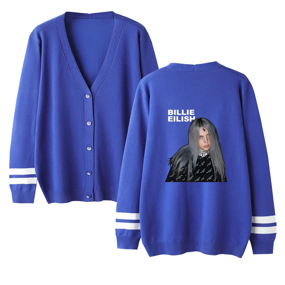 Billie Eilish женские Свитера Осень Зима Кардиган повседневные кардиганы с v-образным вырезом однобортный с пышными рукавами Свободная одежда