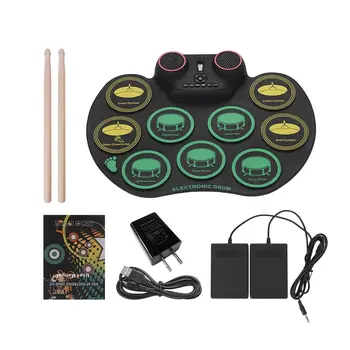 

Silicone Drum Kit 10 Drumpads Built- in Double Speakers and Reverb Microphone Rechargeable Battery with Drumsticks Foot Pedals