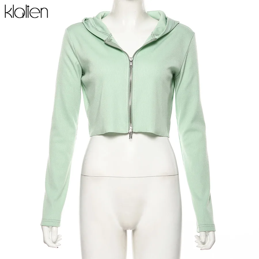 KLALIEN autumn hot Zipper V-Neck knitting Hooded Long Sleeve Women Casual Thin coat Knitted stretch Slim Female tops