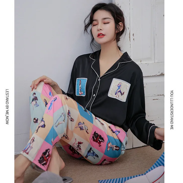 

Pajamas Women's Autumn Korean-style Creative New Products Silk Long-sleeved Cardigan Homewear Set