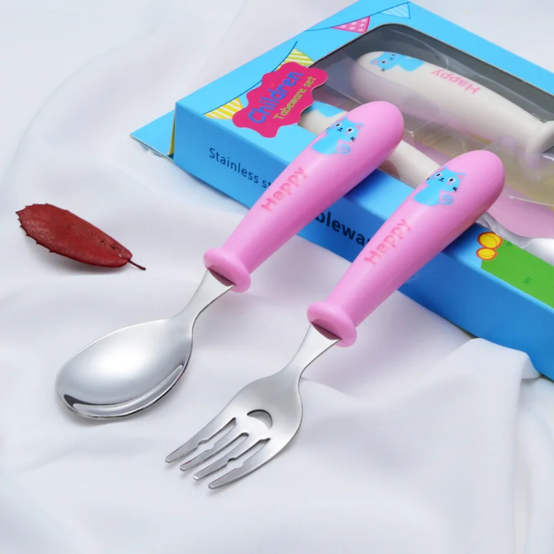 

304 Stainless Steel Children Fork Spoon Small Blue Cat Colorful Box Packaging Gift Tableware Infant West Tableware Kindergarten