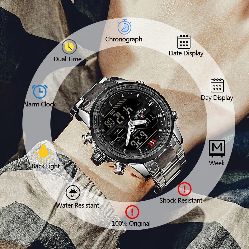 Naviforce Luxury Mens Watch Full Steel Military Wristwatch Digital Sports Watches Men Waterproof-6