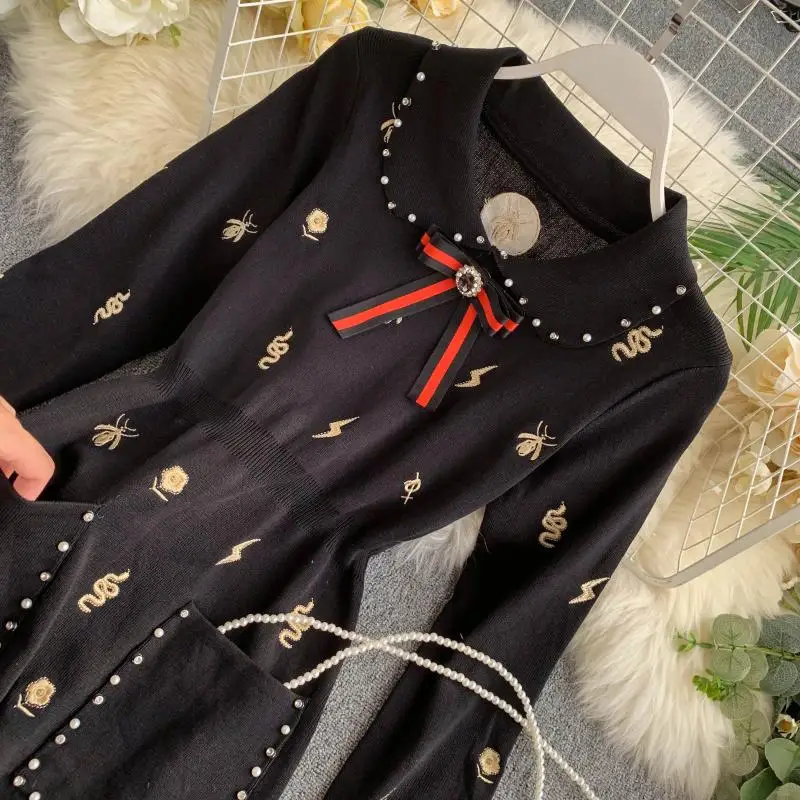 ALPHALMODA трикотажное платье поло г. Осеннее Новое винтажное платье с длинными рукавами для девочек с вышивкой и бисером