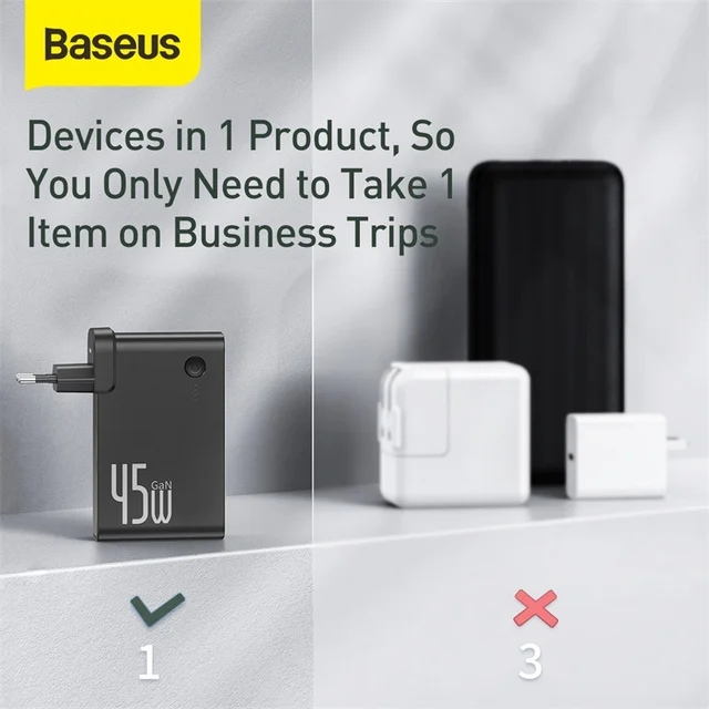 Baseus 10000mAh Power Bank 45W GaN Charger 2 in 1 PD QC 3.0 AFC Fast Charging USB Charger For iPhone Samsung For Macbook Pro 5