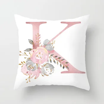 Pink Flower Printed English Alphabet Cushion Cover
