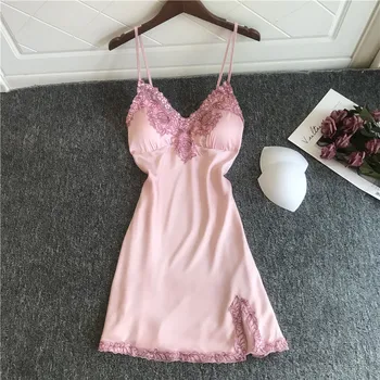 

Strap with Chest Pad Nightdress Spring Summer New Lace Edge Backless Short Dress Female Sense Ice Silk Home Women's Nightgown