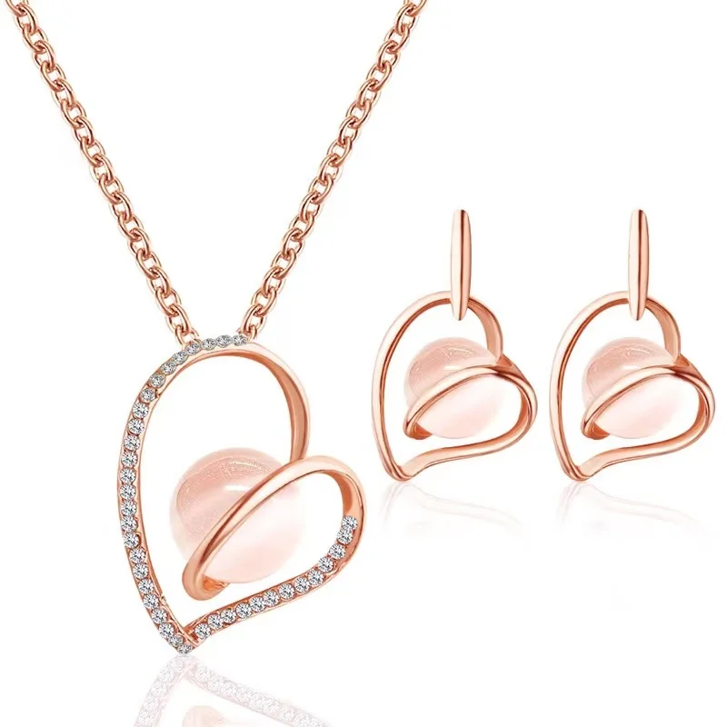 

Crystal Necklace Pendant Natural Rose Quartzs Stone heart love BeadChakra Pendant Chain Necklaces earring Jewelry set for wome
