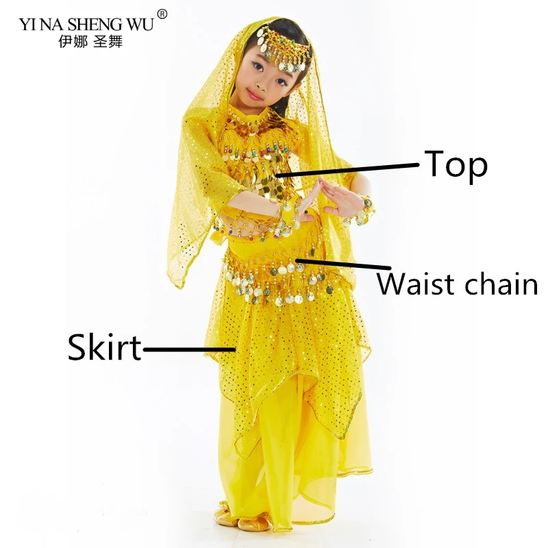 Yellow 3pcs Костюмы для танца живота для детей, девочек, детская юбка для танца живота, Болливуд, танцевальное платье, для выступлений, соревнований, индийский костюм - Цвет: Yellow 3pcs