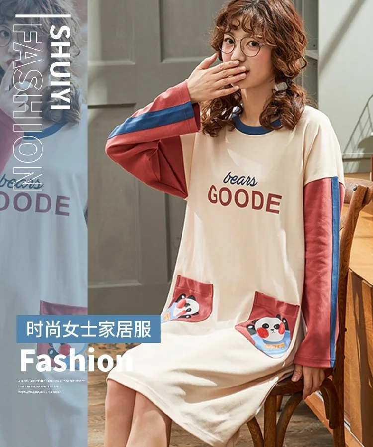 Autumn& Winter Long Sleeve Combed Cotton Women's Nightgown Pullover-Outer Wear Tracksuit Skirt 65/35 Cotton