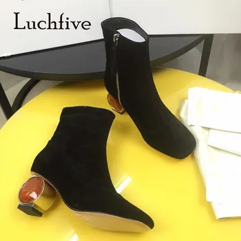 

Popular Gemstone Jewelled heel ankle boots slim fit square toe genuine leather shoes women zipper boots