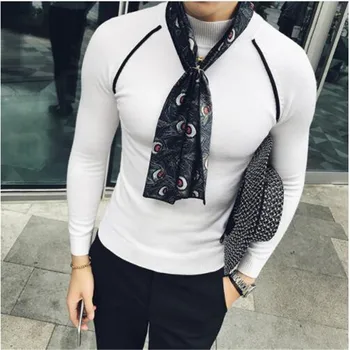 

4 colors Contrast piping sueter hombre slim fit semi turtleneck pullover men vetement homme 2018 trui heren brown slim fit