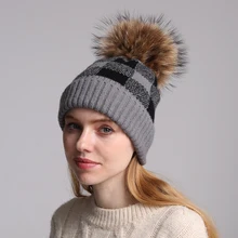 Новинка, женская зимняя шапка, вязаная шерстяная шапка, шапка с натуральным мехом енота, помпон, мешковатая шапка, шапки для девушек